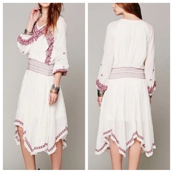 Free People Neo Folk Embroidered boho midi Dress elastic waist 33967 - Picture 1 of 15